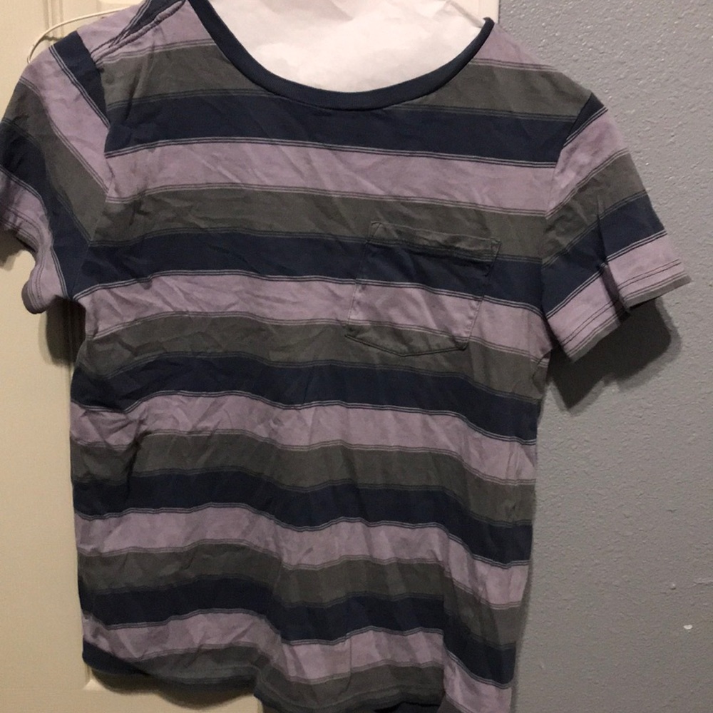 Gymboree blue, purple, and grey striped shirt.